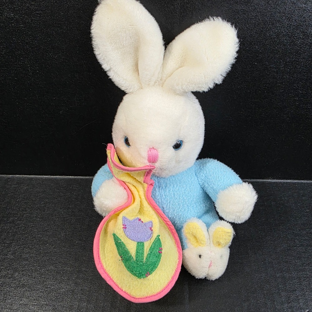 TB Trading Co Vintage Bunny Slippers 9" Plush Rabbit Blue Holding Tulip Lovey